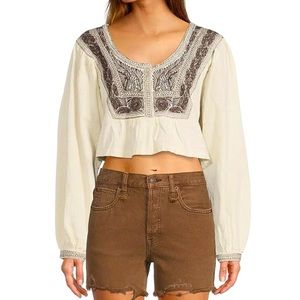 New FREE PEOPLE Iggie Cream Brown Crop Top Embroidered Scoop Neck Balloon Sleeve